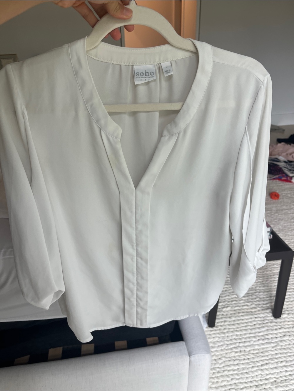 Soho White Split-Neck Roll-Sleeve Blouse